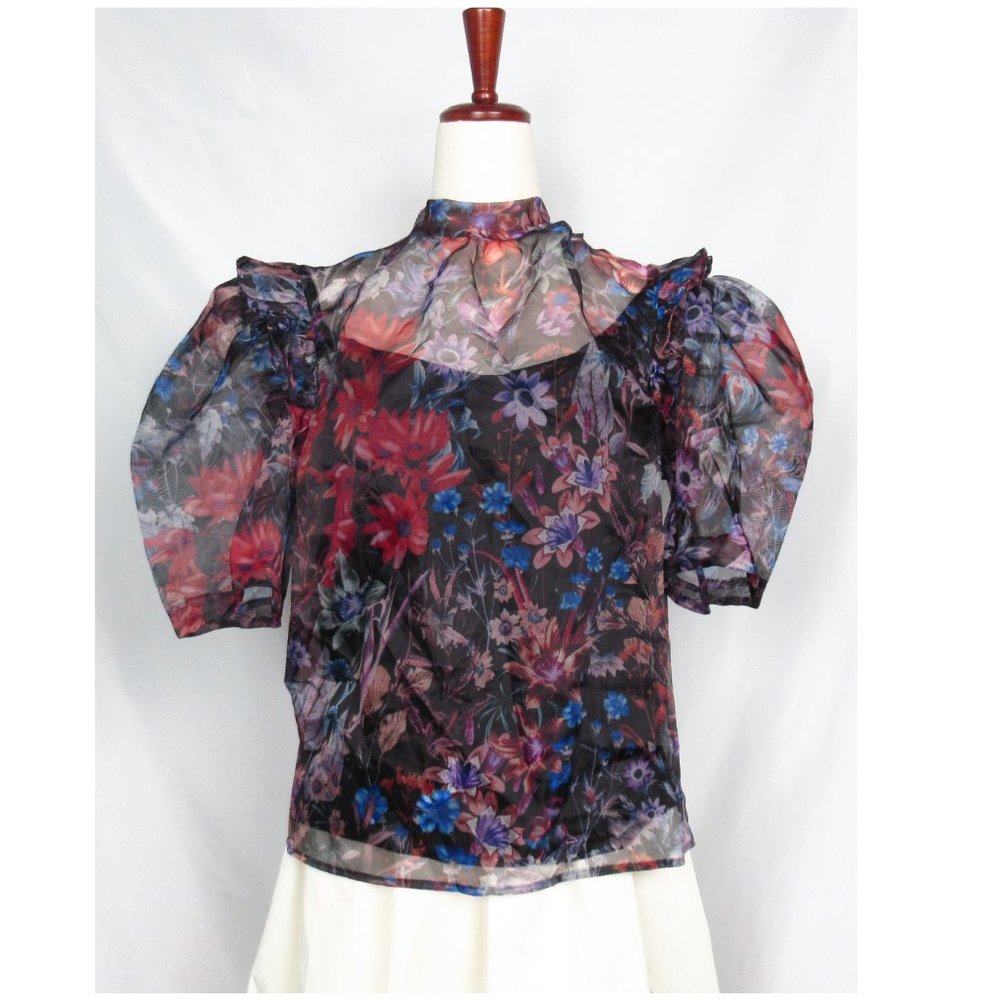 NWOT 🌼 Anthropologie Maeve Organza Blouse Black Motif Floral Small